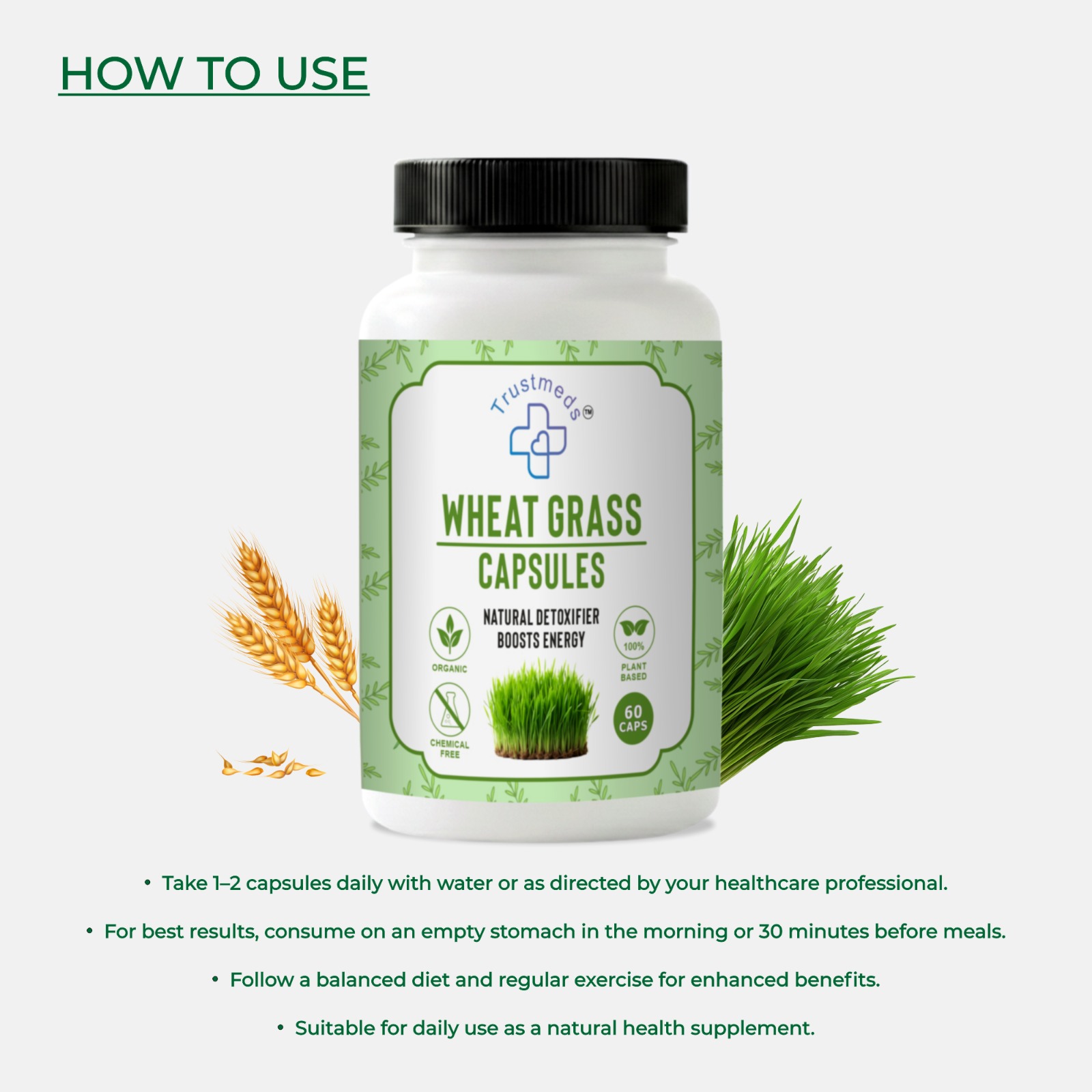 Trustmeds Wheat Grass Capsules - Natural Detoxifier & Energy Booster (60 Caps) view 2